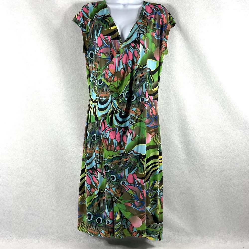 Joseph Ribkoff Dress Women's 12 Green Faux Wrap B-Neck Multicolor Stretch